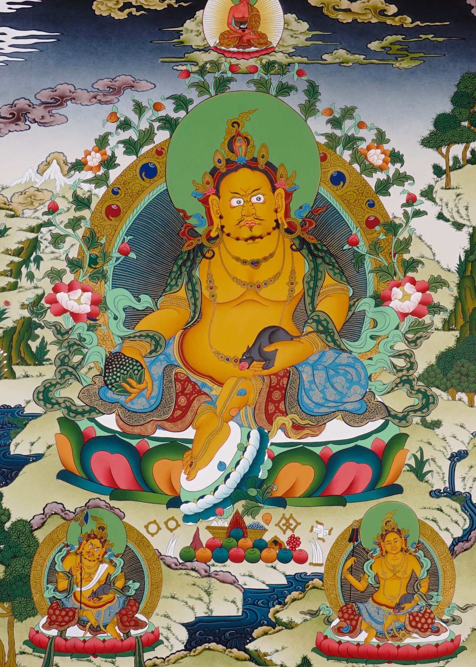 Yellow Zambhala Buddhist prosperity thangka with jewel-spitting mongoose