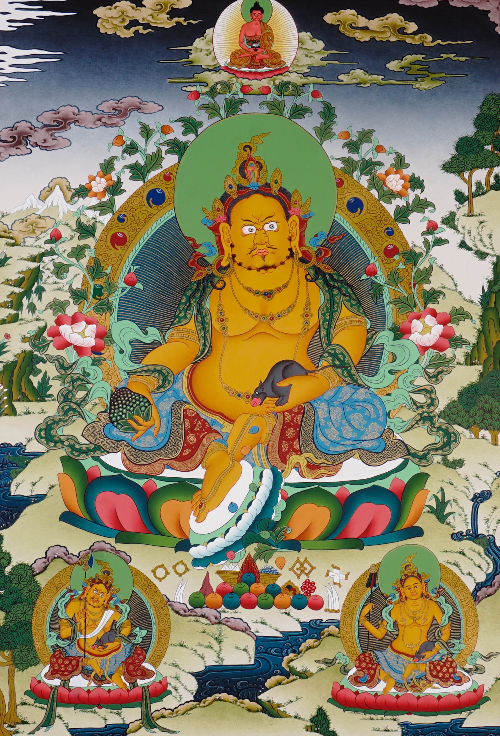 Yellow Zambhala Buddhist prosperity thangka with jewel-spitting mongoose