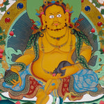 Yellow Zambhala Buddhist prosperity thangka with jewel-spitting mongoose