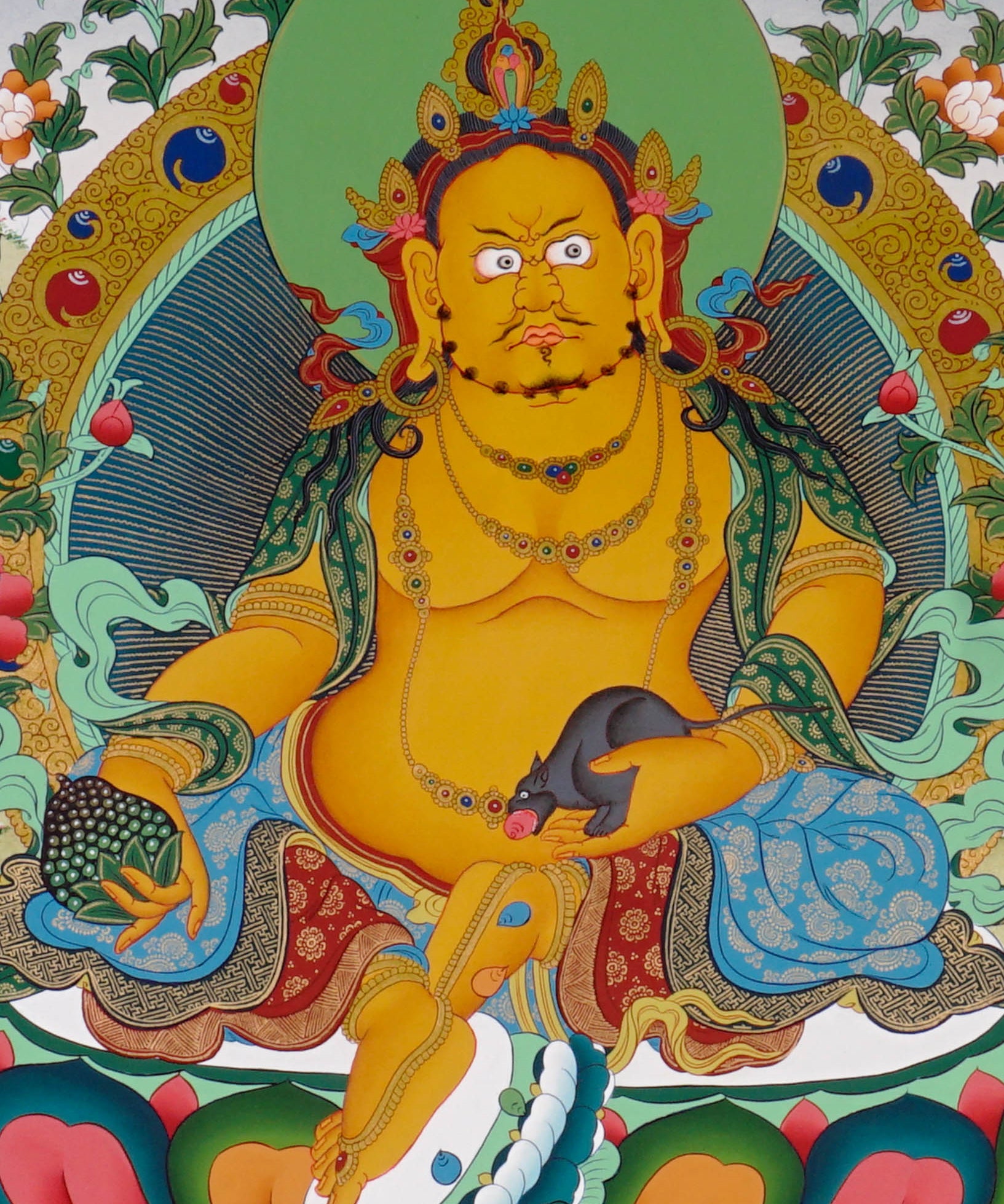 Yellow Zambhala Buddhist prosperity thangka with jewel-spitting mongoose