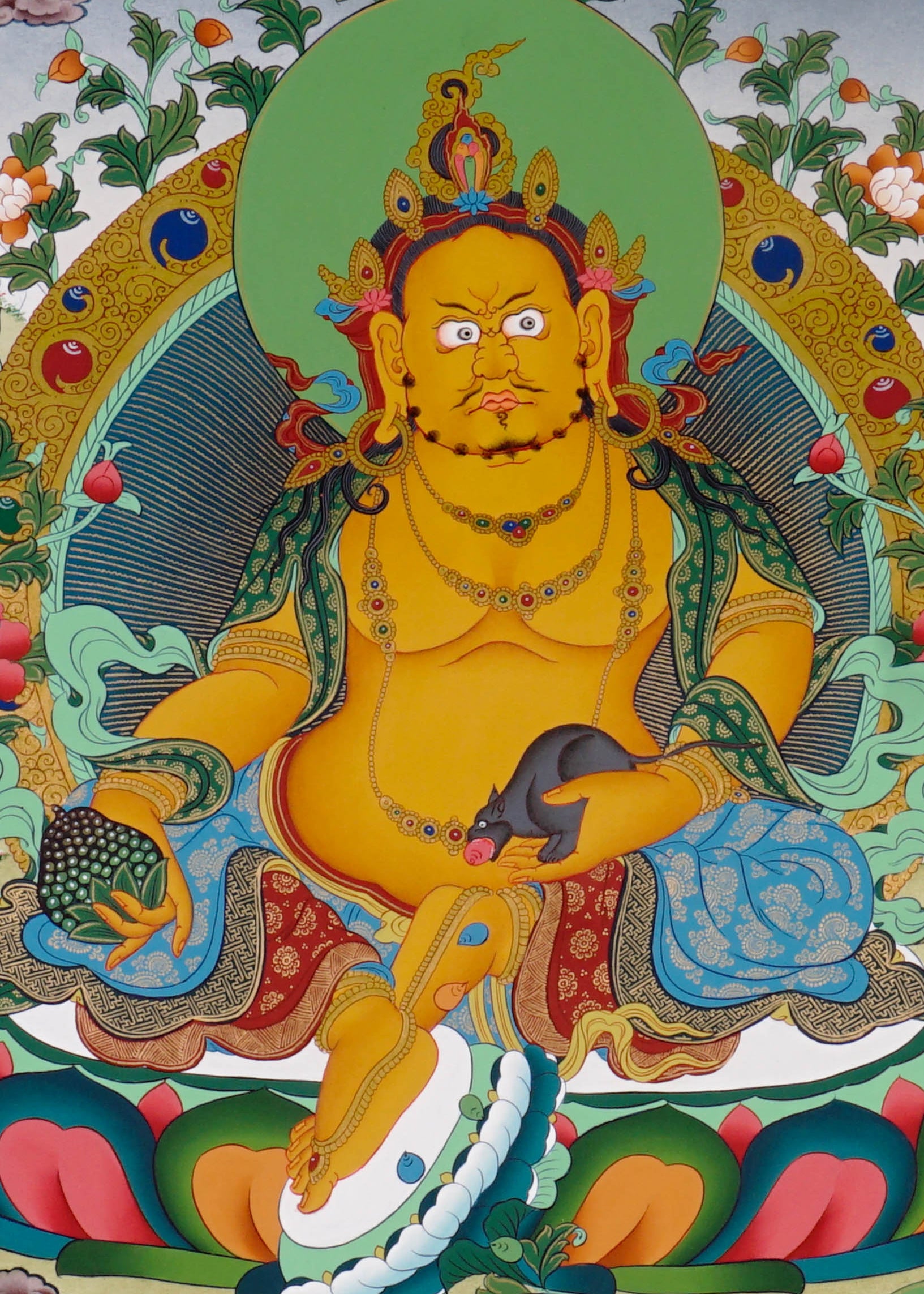 Yellow Zambhala Buddhist prosperity thangka with jewel-spitting mongoose