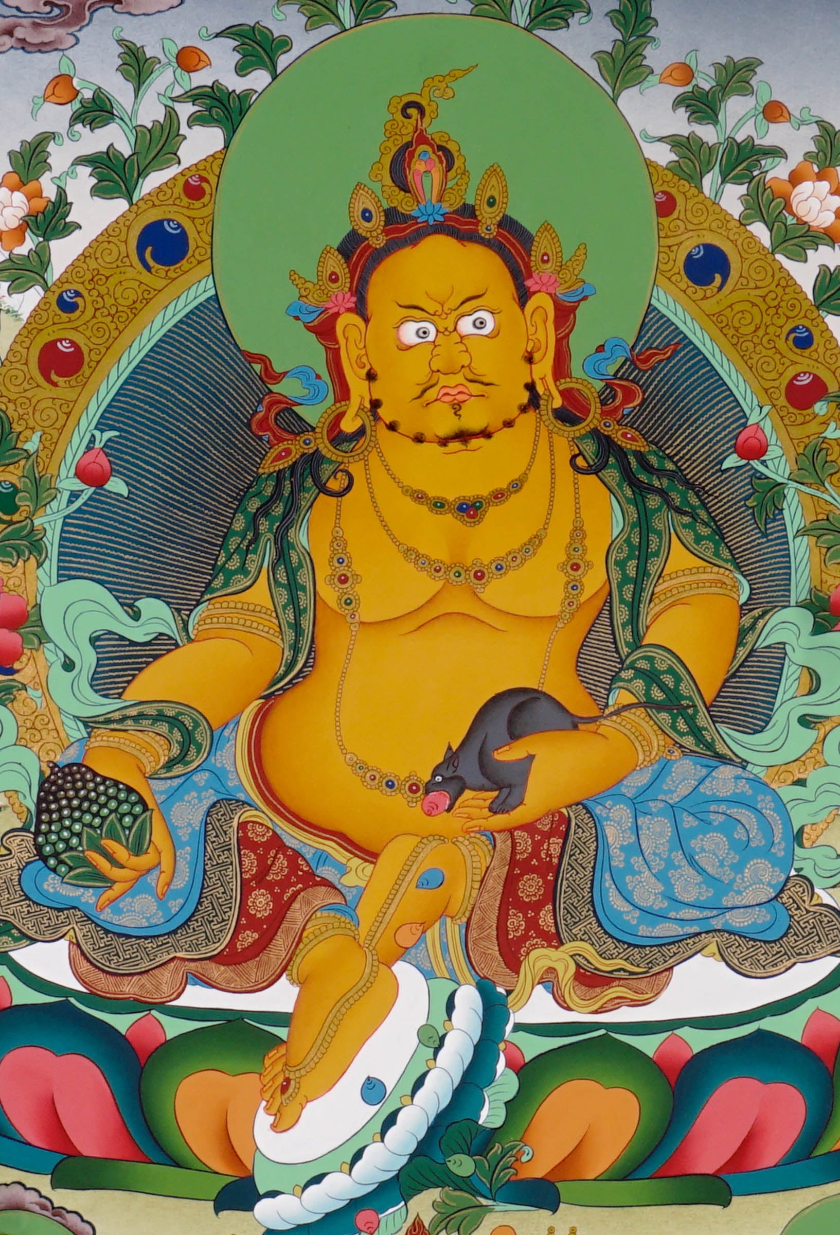 Yellow Zambhala Buddhist prosperity thangka with jewel-spitting mongoose