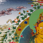 Yellow Zambhala Buddhist prosperity thangka with jewel-spitting mongoose