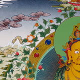 Yellow Zambhala Buddhist prosperity thangka with jewel-spitting mongoose