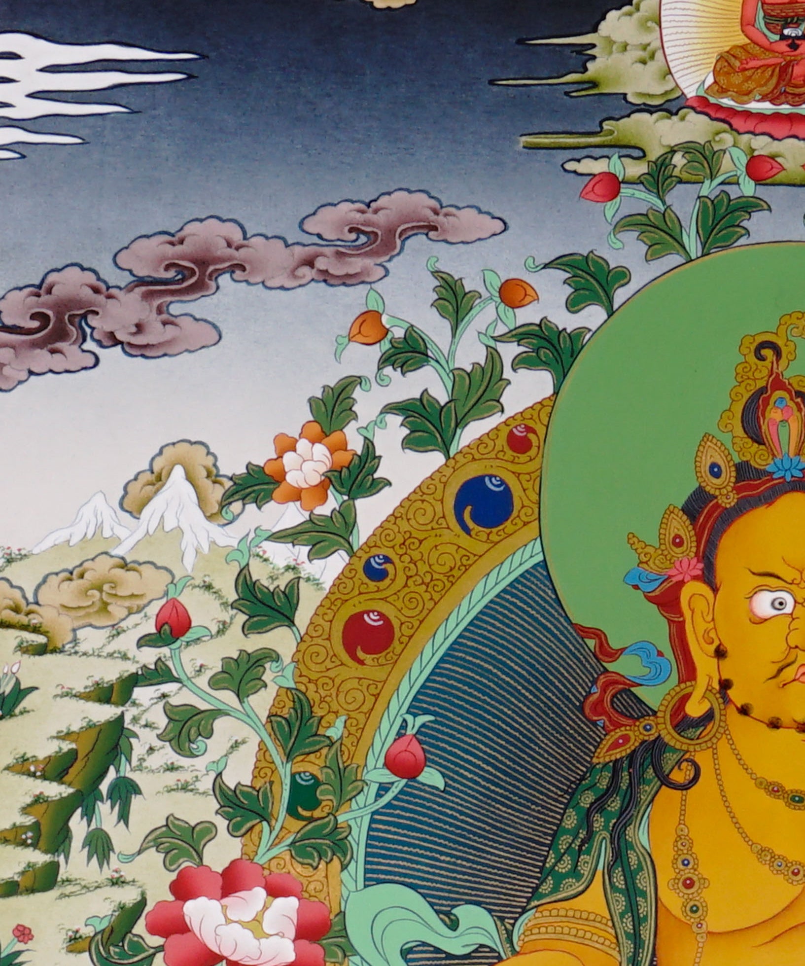 Yellow Zambhala Buddhist prosperity thangka with jewel-spitting mongoose