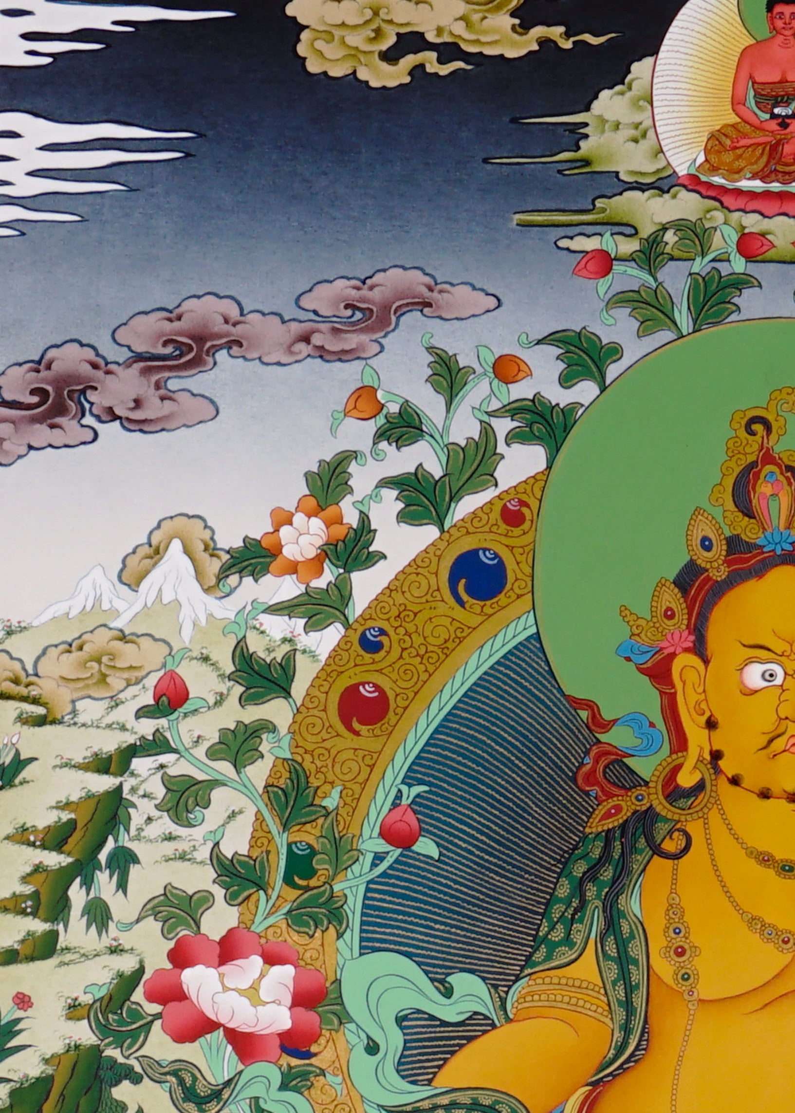 Yellow Zambhala Buddhist prosperity thangka with jewel-spitting mongoose