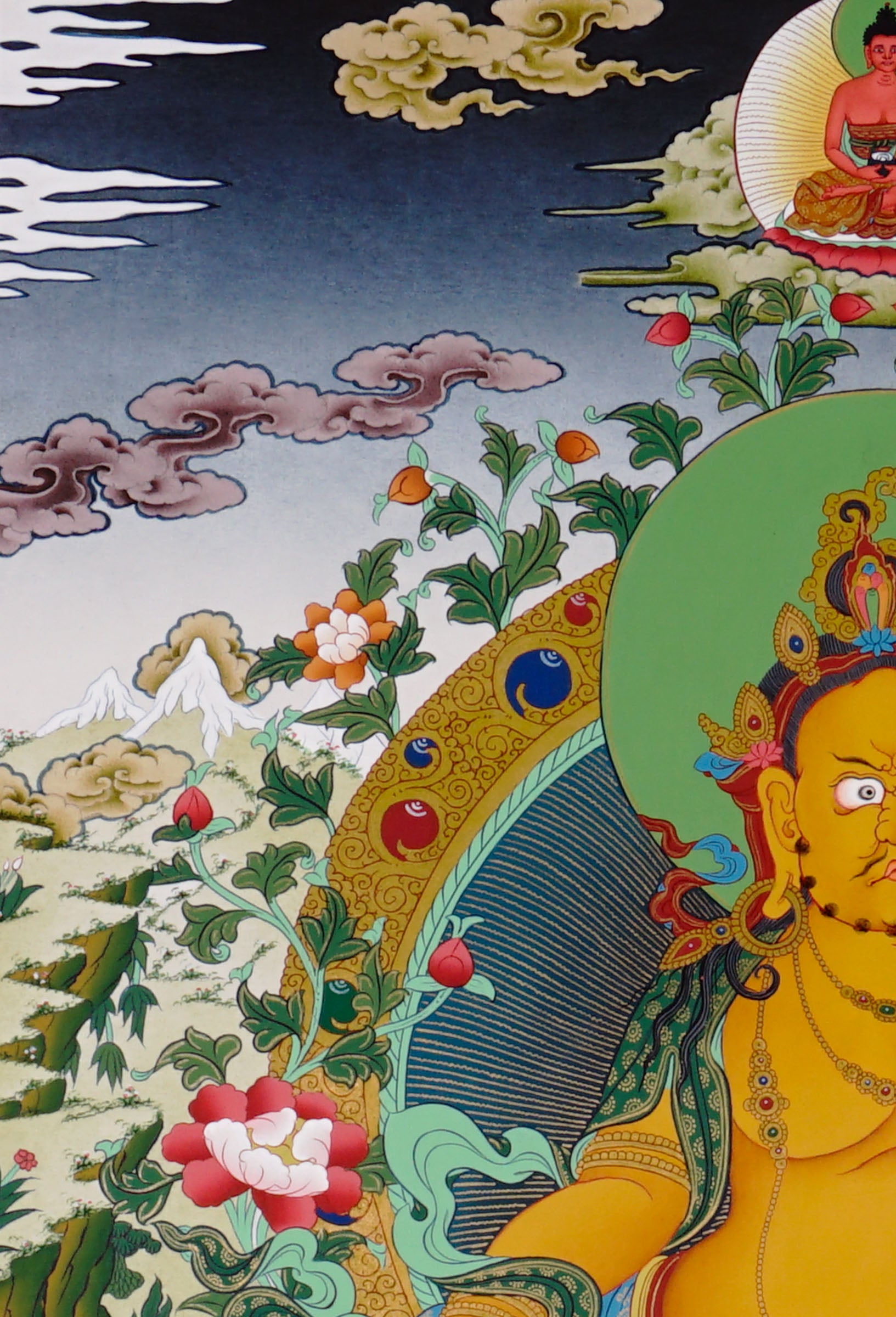 Yellow Zambhala Buddhist prosperity thangka with jewel-spitting mongoose
