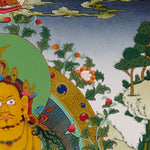Yellow Zambhala Buddhist prosperity thangka with jewel-spitting mongoose