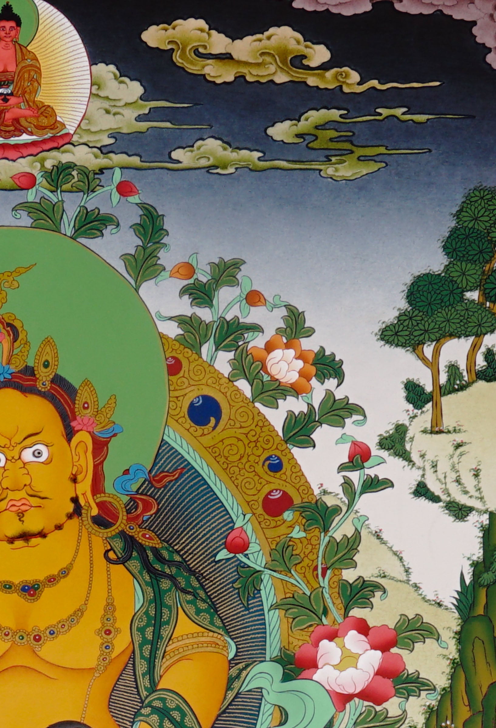 Yellow Zambhala Buddhist prosperity thangka with jewel-spitting mongoose