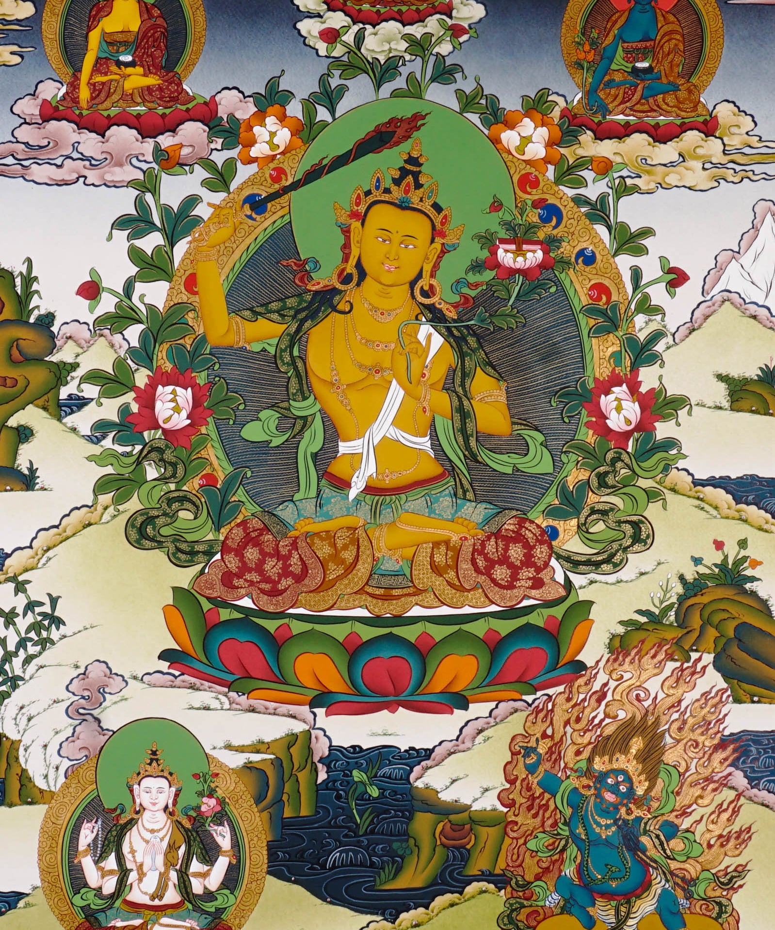 Authentic Himalayan Manjushree thangka symbolizing wisdom and learning