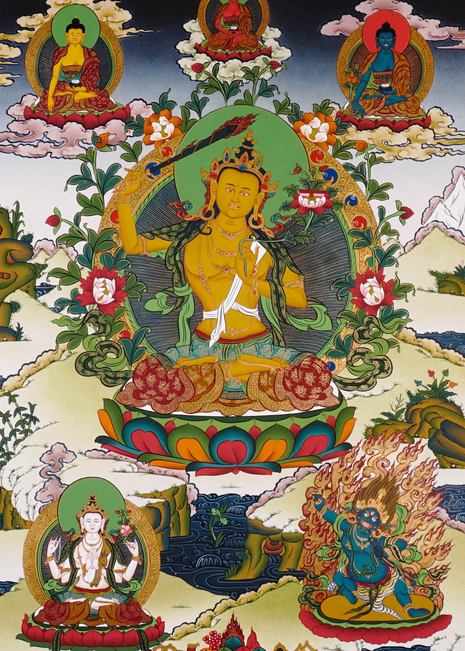 Authentic Himalayan Manjushree thangka symbolizing wisdom and learning
