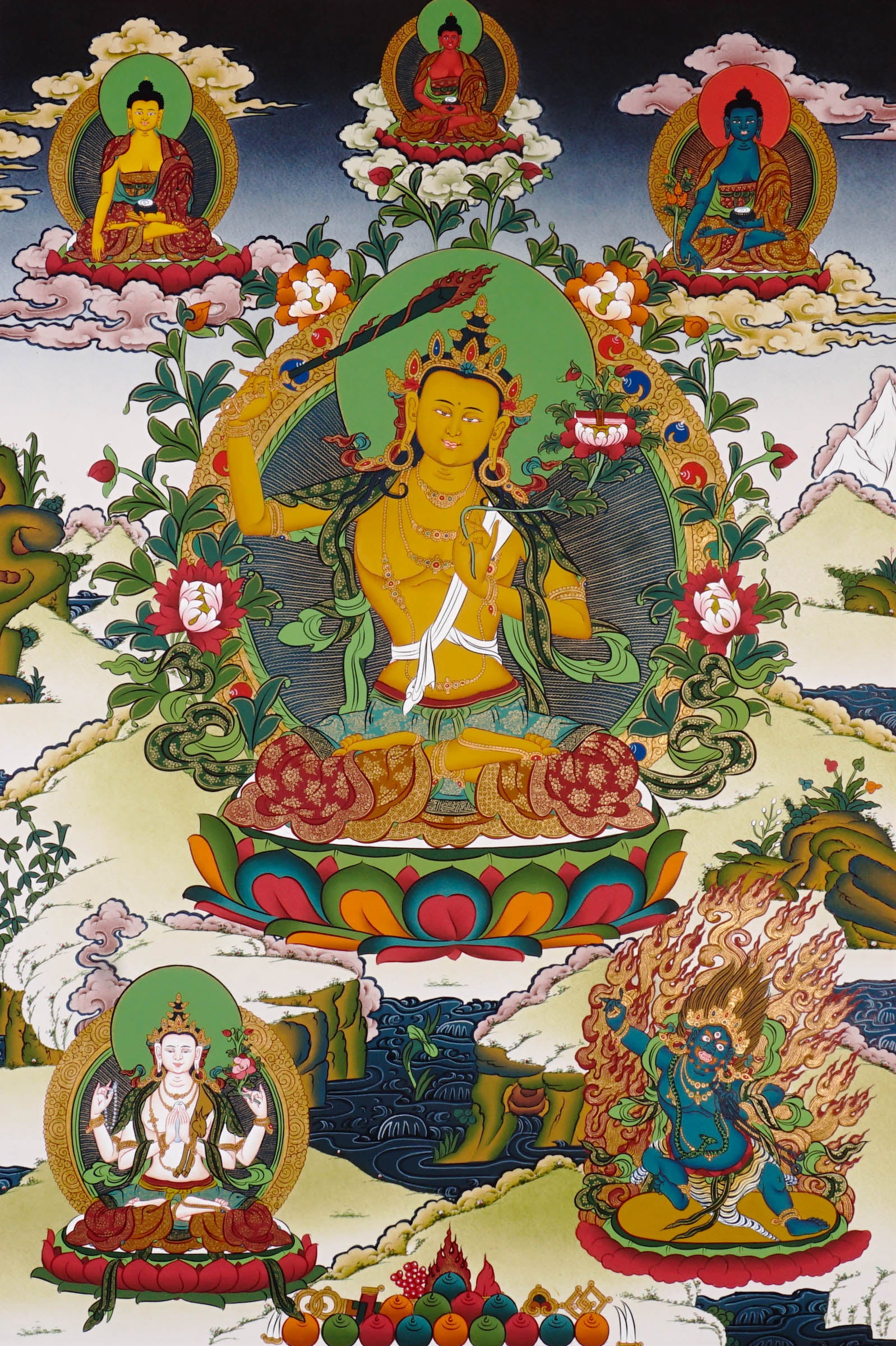 Authentic Himalayan Manjushree thangka symbolizing wisdom and learning