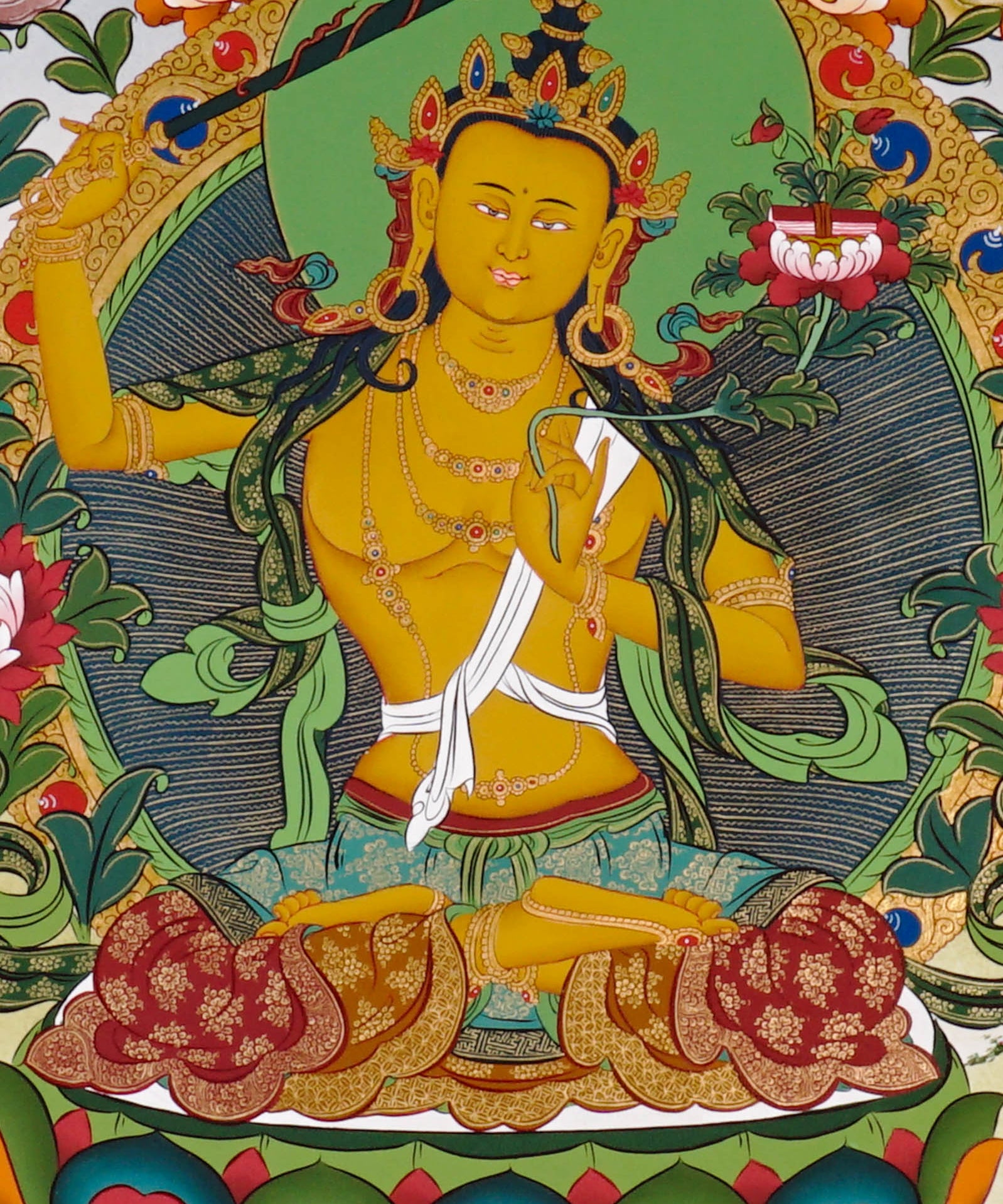Authentic Himalayan Manjushree thangka symbolizing wisdom and learning