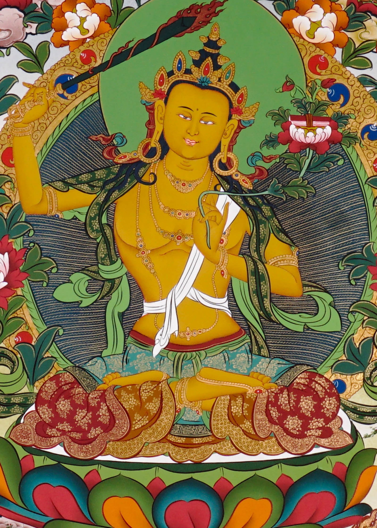 Authentic Himalayan Manjushree thangka symbolizing wisdom and learning