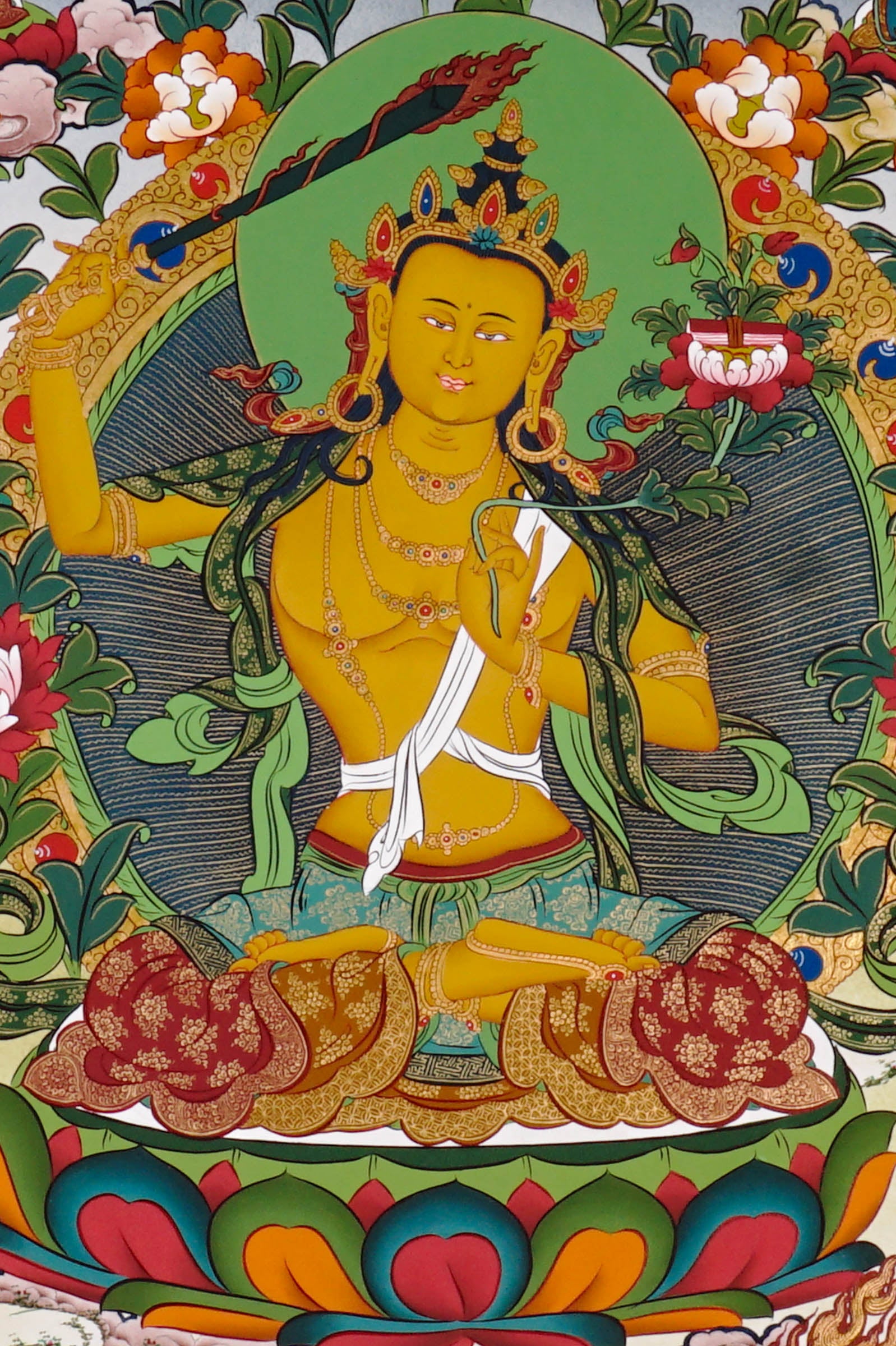 Authentic Himalayan Manjushree thangka symbolizing wisdom and learning