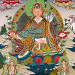 Guru Rinpoche thangka painting featuring Padmasambhava seated on a lotus throne with vajra, skull cup, offering bowl, surrounding deities, mountains and flowing water 