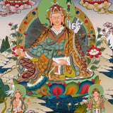 Guru Rinpoche thangka painting featuring Padmasambhava seated on a lotus throne with vajra, skull cup, offering bowl, surrounding deities, mountains and flowing water 