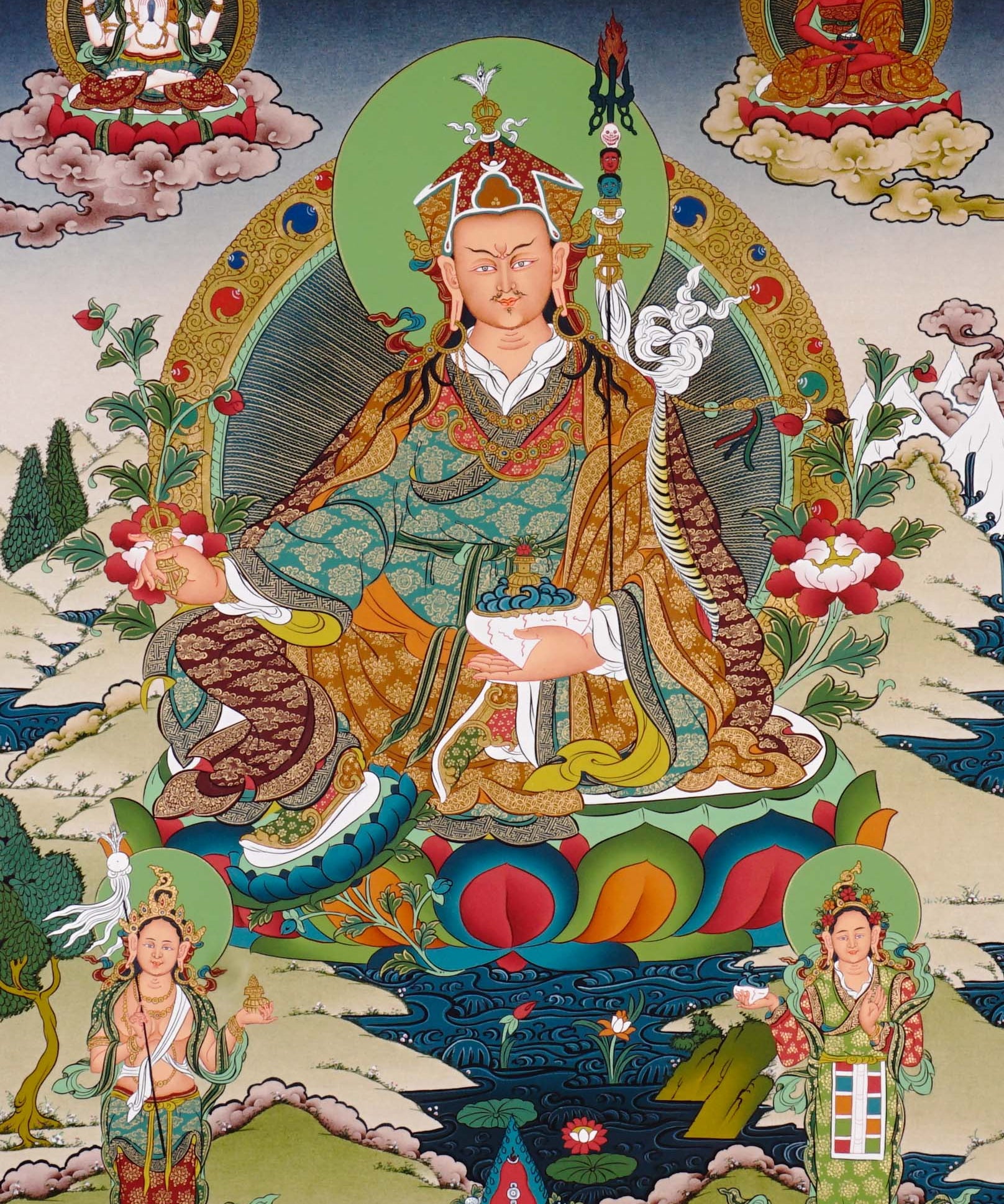 Guru Rinpoche thangka painting featuring Padmasambhava seated on a lotus throne with vajra, skull cup, offering bowl, surrounding deities, mountains and flowing water 