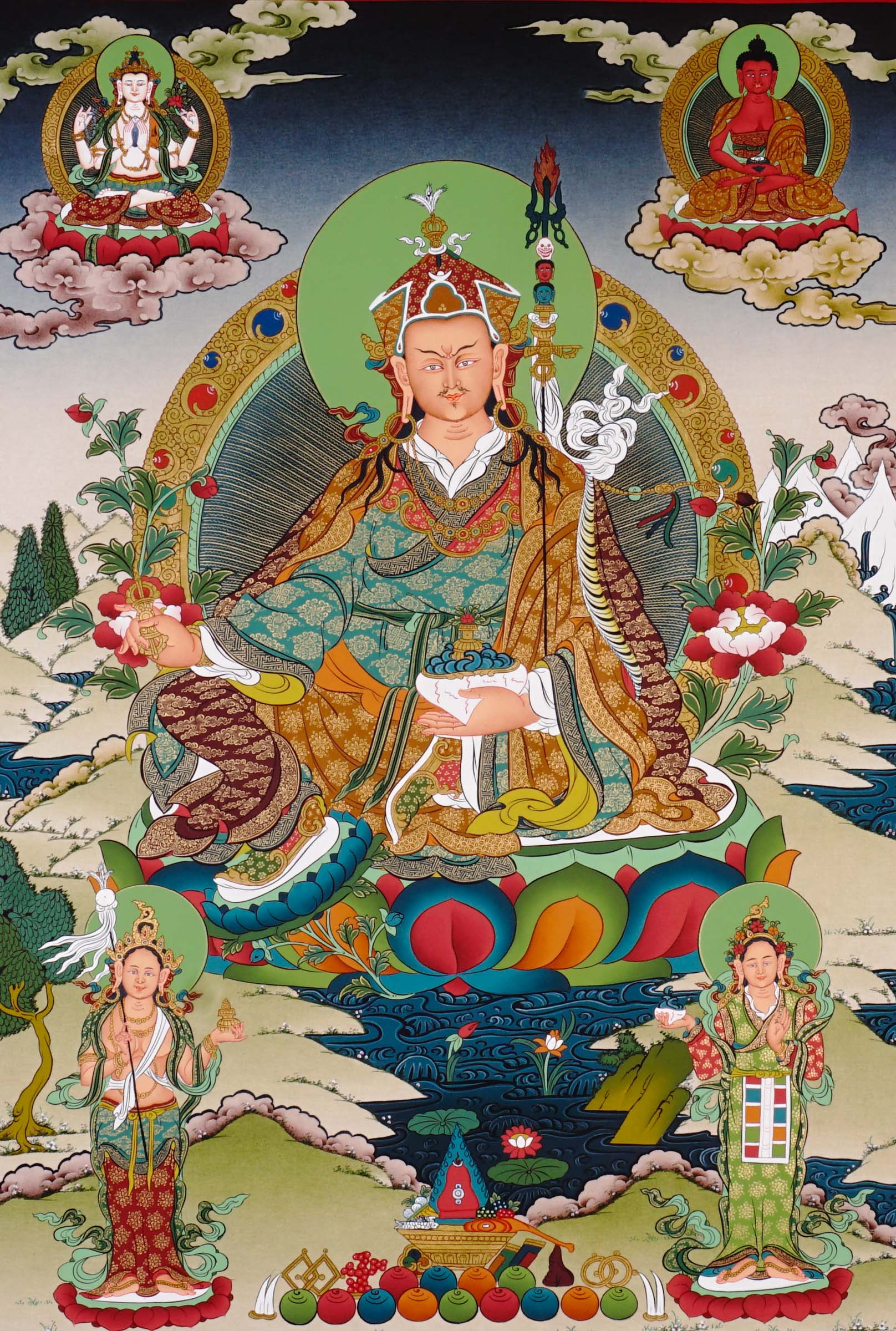 Guru Rinpoche thangka painting featuring Padmasambhava seated on a lotus throne with vajra, skull cup, offering bowl, surrounding deities, mountains and flowing water 