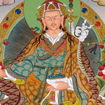 Guru Rinpoche thangka painting featuring Padmasambhava seated on a lotus throne with vajra, skull cup, offering bowl, surrounding deities, mountains and flowing water 