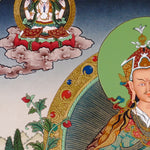 Guru Rinpoche thangka painting featuring Padmasambhava seated on a lotus throne with vajra, skull cup, offering bowl, surrounding deities, mountains and flowing water 