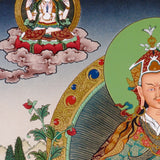 Guru Rinpoche thangka painting featuring Padmasambhava seated on a lotus throne with vajra, skull cup, offering bowl, surrounding deities, mountains and flowing water 
