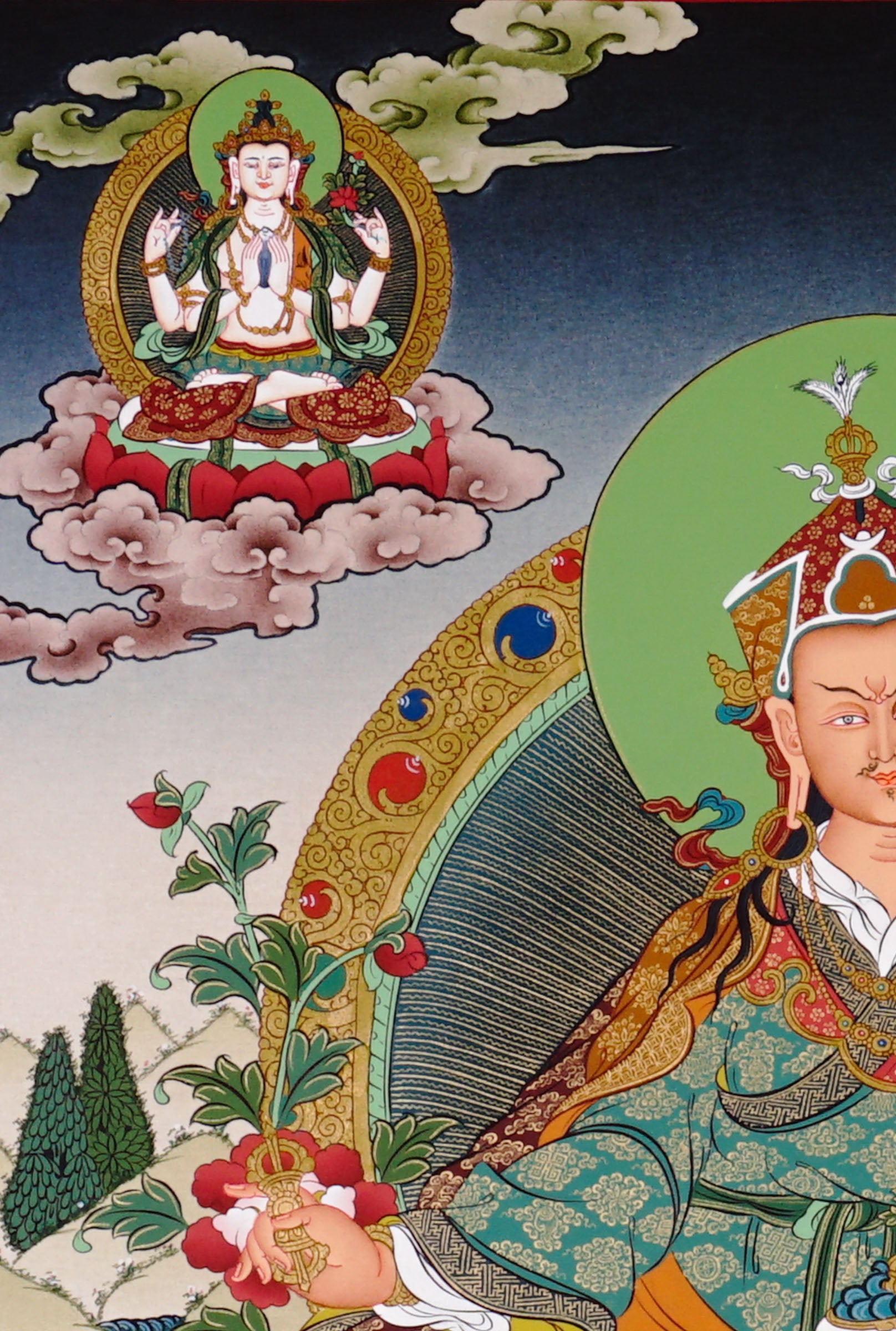 Guru Rinpoche thangka painting featuring Padmasambhava seated on a lotus throne with vajra, skull cup, offering bowl, surrounding deities, mountains and flowing water 