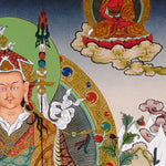 Guru Rinpoche thangka painting featuring Padmasambhava seated on a lotus throne with vajra, skull cup, offering bowl, surrounding deities, mountains and flowing water 