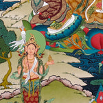 Guru Rinpoche thangka painting featuring Padmasambhava seated on a lotus throne with vajra, skull cup, offering bowl, surrounding deities, mountains and flowing water 