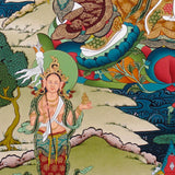 Guru Rinpoche thangka painting featuring Padmasambhava seated on a lotus throne with vajra, skull cup, offering bowl, surrounding deities, mountains and flowing water 