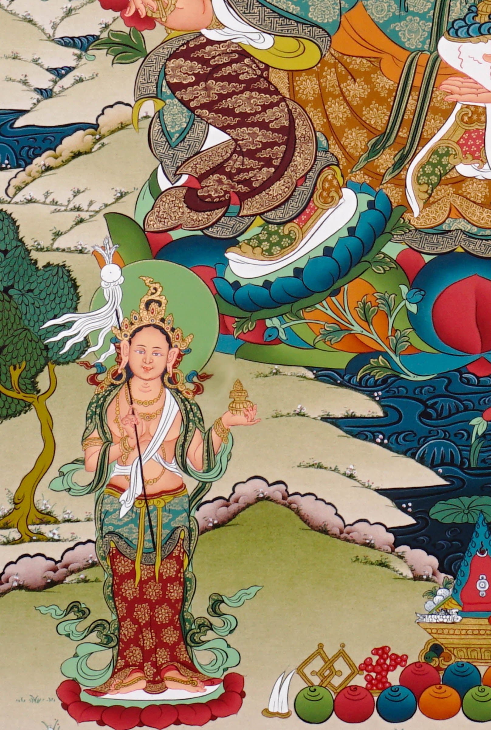 Guru Rinpoche thangka painting featuring Padmasambhava seated on a lotus throne with vajra, skull cup, offering bowl, surrounding deities, mountains and flowing water 