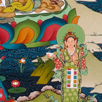 Guru Rinpoche thangka painting featuring Padmasambhava seated on a lotus throne with vajra, skull cup, offering bowl, surrounding deities, mountains and flowing water 