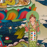Guru Rinpoche thangka painting featuring Padmasambhava seated on a lotus throne with vajra, skull cup, offering bowl, surrounding deities, mountains and flowing water 