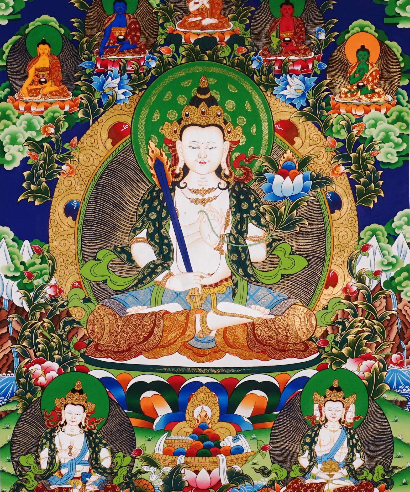 Akash Garva thangka with Five Dhyani Buddhas and lotus flowers
