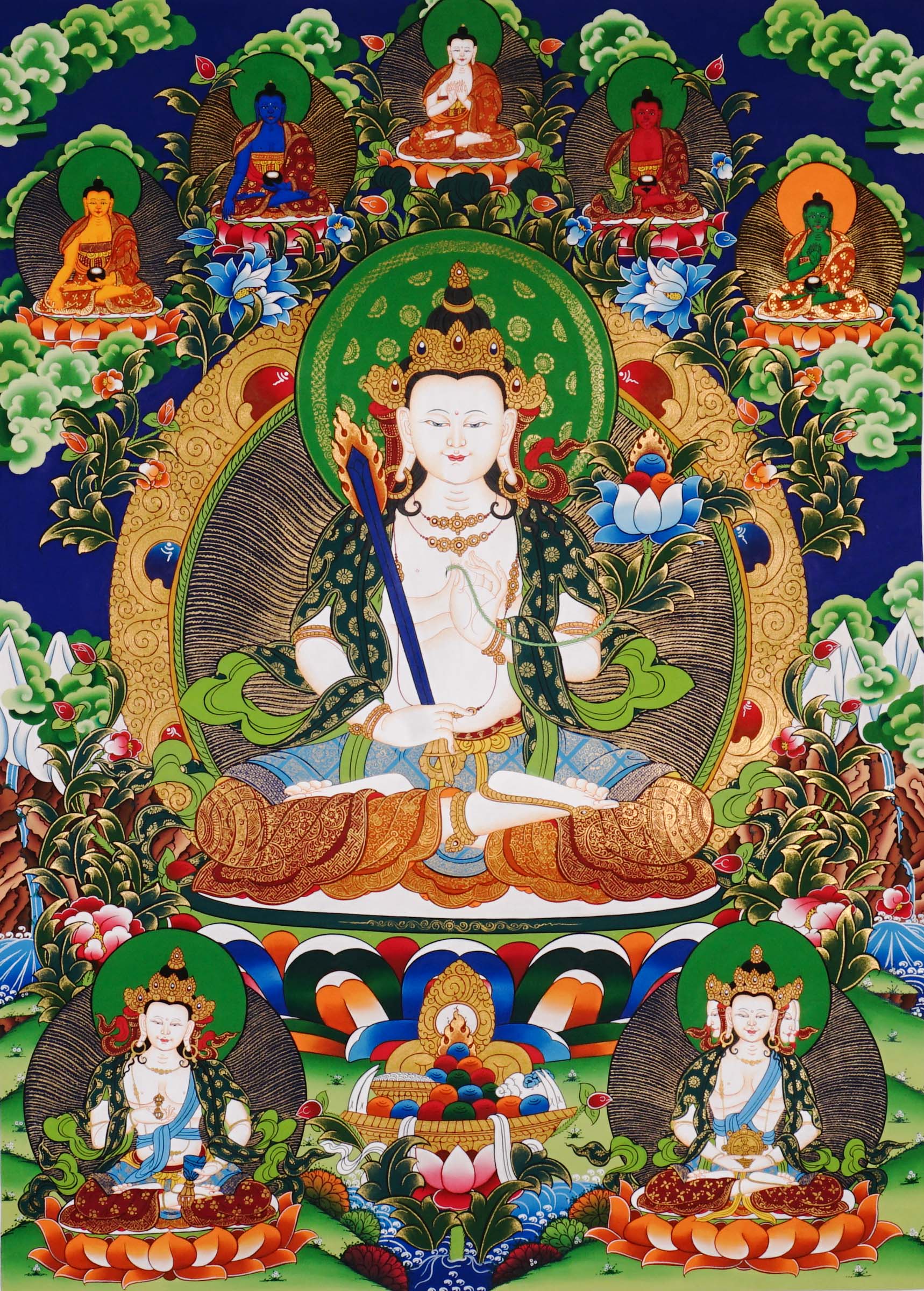 Akash Garva thangka with Five Dhyani Buddhas and lotus flowers