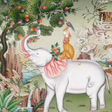 Four Harmonious Friends thangka painting showing an elephant, monkey, rabbit and bird working together beneath a fruit tree in a peaceful Himalayan landscape, symbolising harmony, cooperation