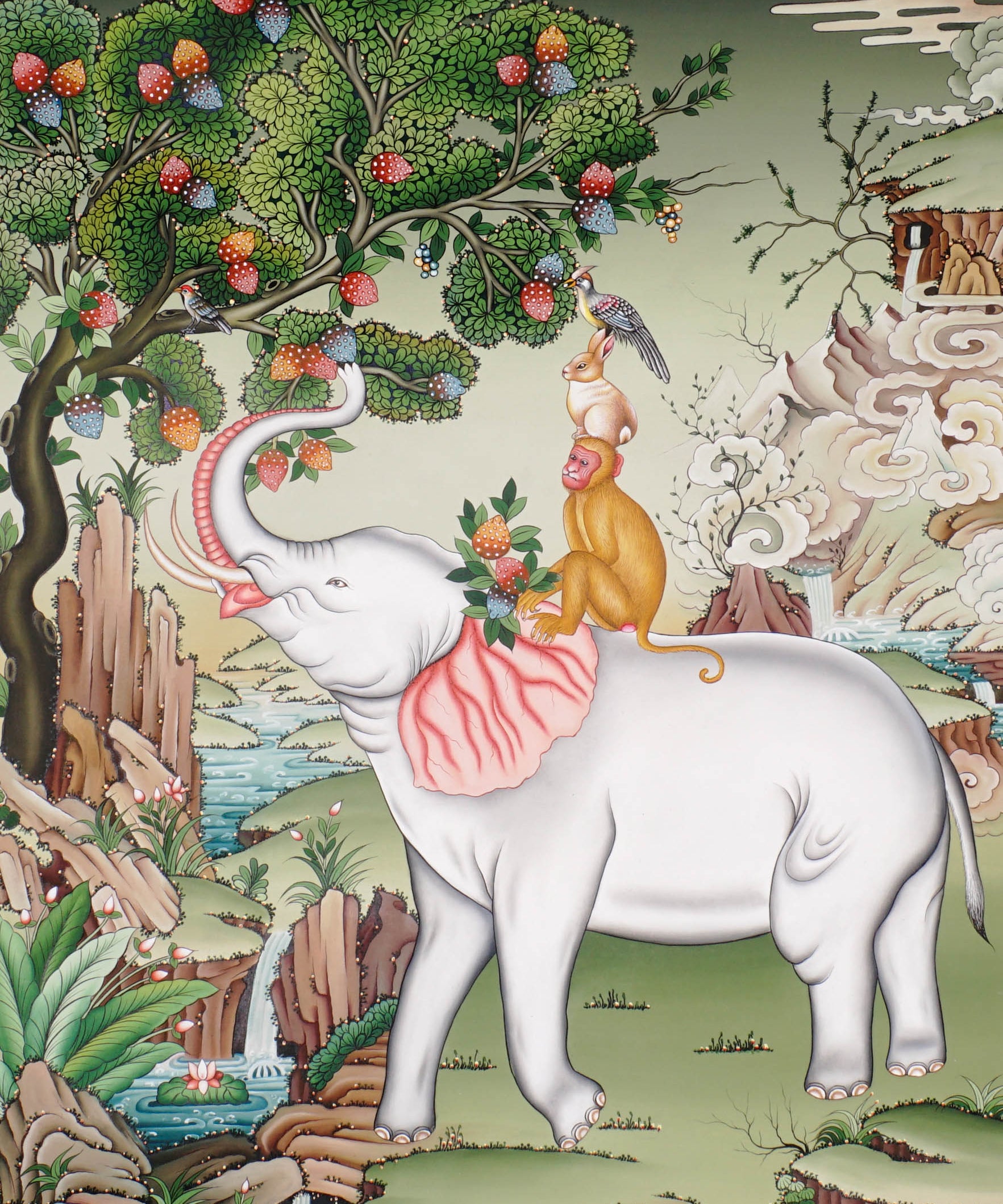 Four Harmonious Friends thangka painting showing an elephant, monkey, rabbit and bird working together beneath a fruit tree in a peaceful Himalayan landscape, symbolising harmony, cooperation