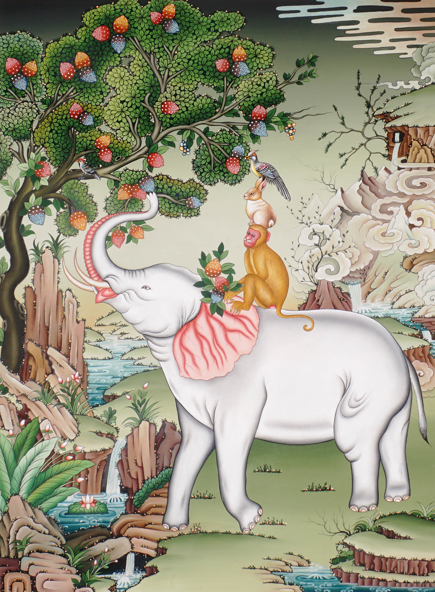 Four Harmonious Friends thangka painting showing an elephant, monkey, rabbit and bird working together beneath a fruit tree in a peaceful Himalayan landscape, symbolising harmony, cooperation