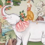 Four Harmonious Friends thangka painting showing an elephant, monkey, rabbit and bird working together beneath a fruit tree in a peaceful Himalayan landscape, symbolising harmony, cooperation