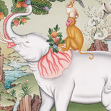 Four Harmonious Friends thangka painting showing an elephant, monkey, rabbit and bird working together beneath a fruit tree in a peaceful Himalayan landscape, symbolising harmony, cooperation
