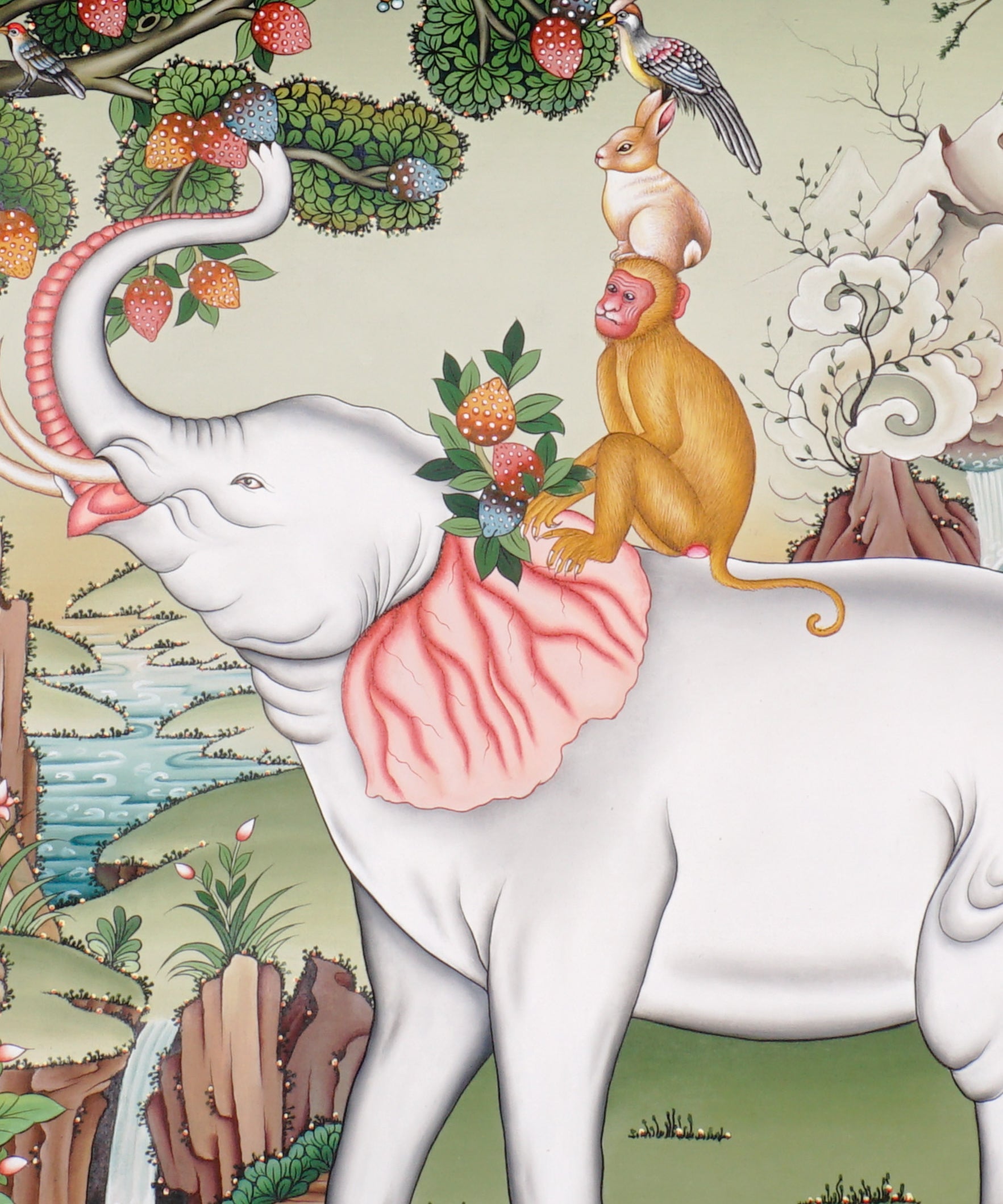 Four Harmonious Friends thangka painting showing an elephant, monkey, rabbit and bird working together beneath a fruit tree in a peaceful Himalayan landscape, symbolising harmony, cooperation