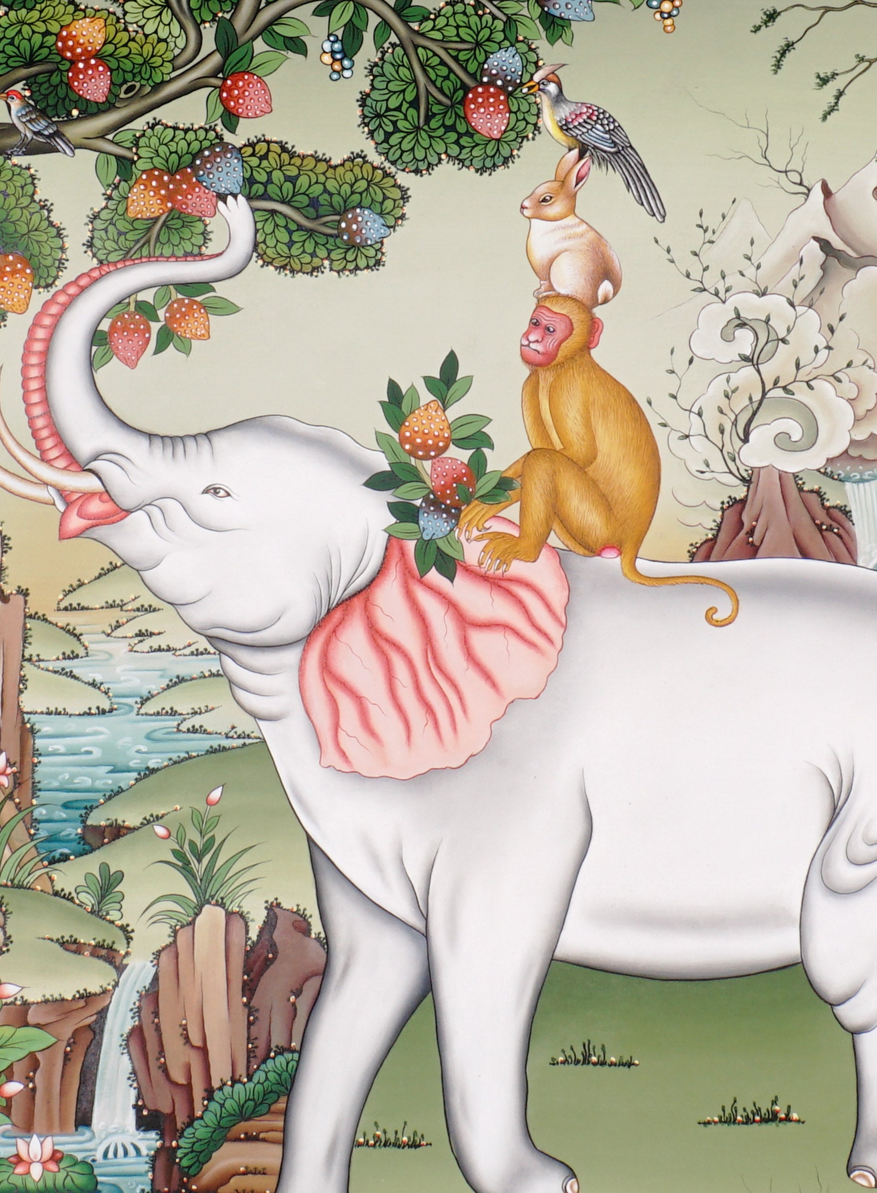 Four Harmonious Friends thangka painting showing an elephant, monkey, rabbit and bird working together beneath a fruit tree in a peaceful Himalayan landscape, symbolising harmony, cooperation