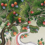 Four Harmonious Friends thangka painting showing an elephant, monkey, rabbit and bird working together beneath a fruit tree in a peaceful Himalayan landscape, symbolising harmony, cooperation