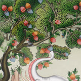 Four Harmonious Friends thangka painting showing an elephant, monkey, rabbit and bird working together beneath a fruit tree in a peaceful Himalayan landscape, symbolising harmony, cooperation