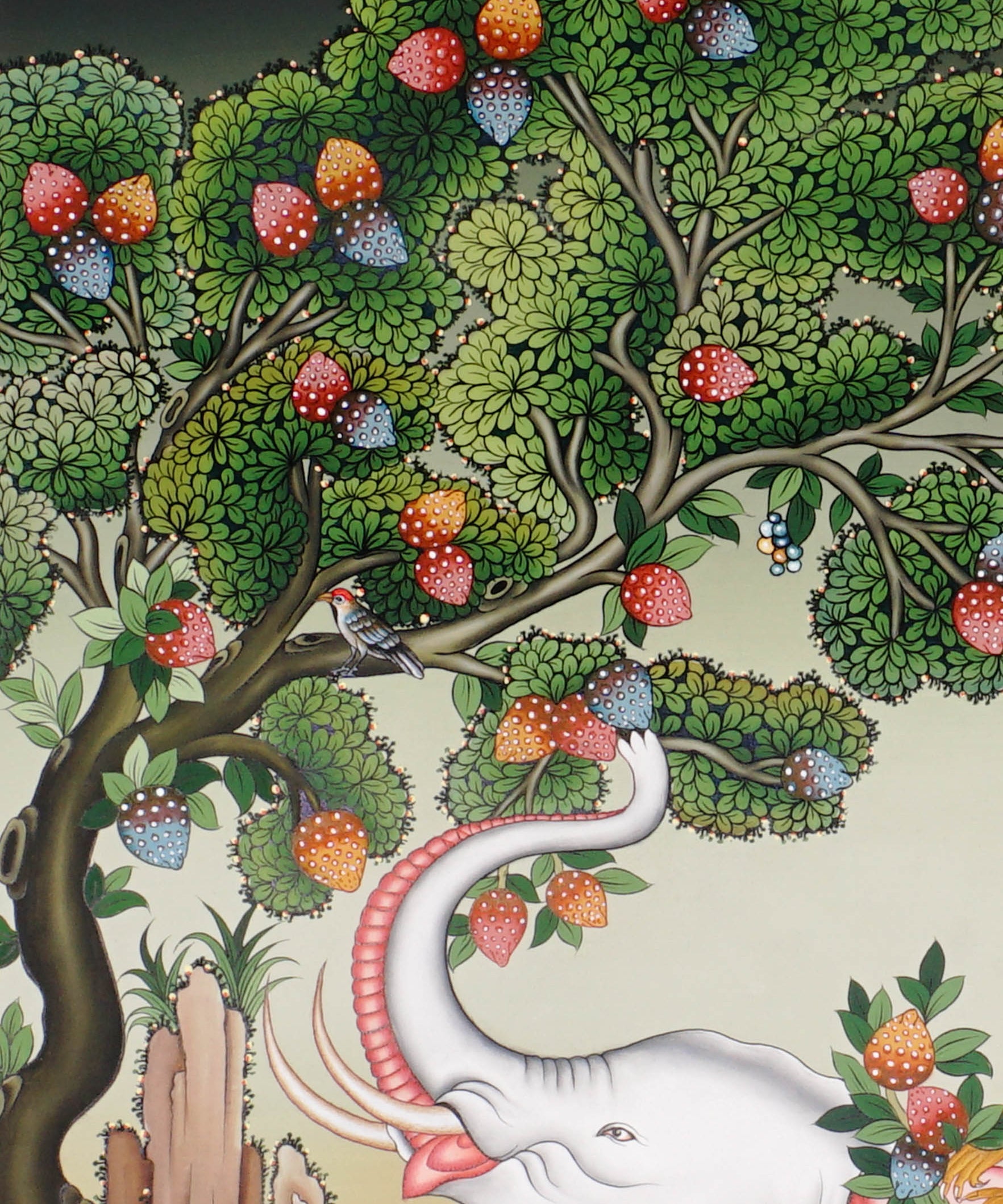 Four Harmonious Friends thangka painting showing an elephant, monkey, rabbit and bird working together beneath a fruit tree in a peaceful Himalayan landscape, symbolising harmony, cooperation