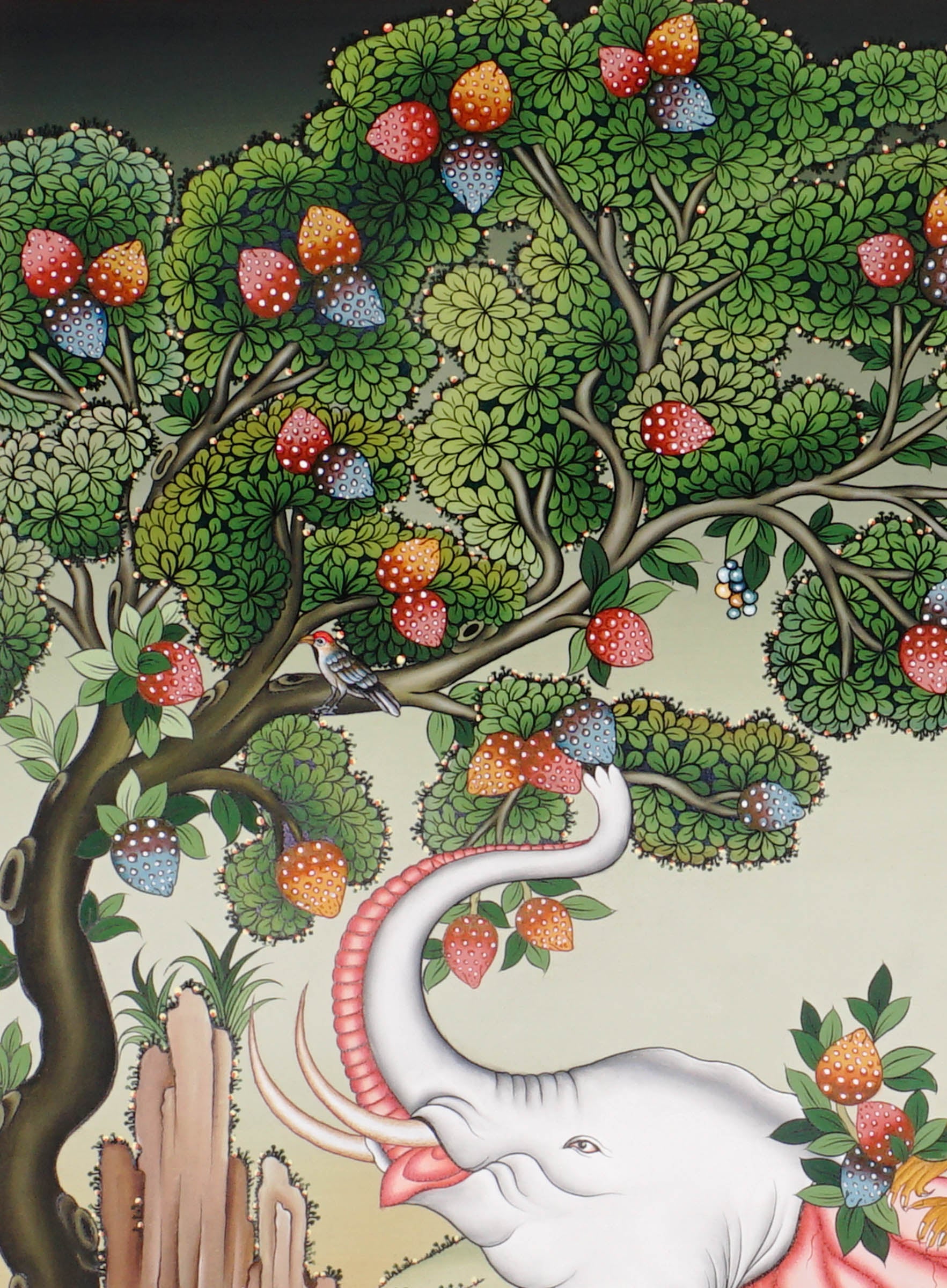 Four Harmonious Friends thangka painting showing an elephant, monkey, rabbit and bird working together beneath a fruit tree in a peaceful Himalayan landscape, symbolising harmony, cooperation