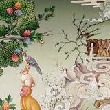 Four Harmonious Friends thangka painting showing an elephant, monkey, rabbit and bird working together beneath a fruit tree in a peaceful Himalayan landscape, symbolising harmony, cooperation