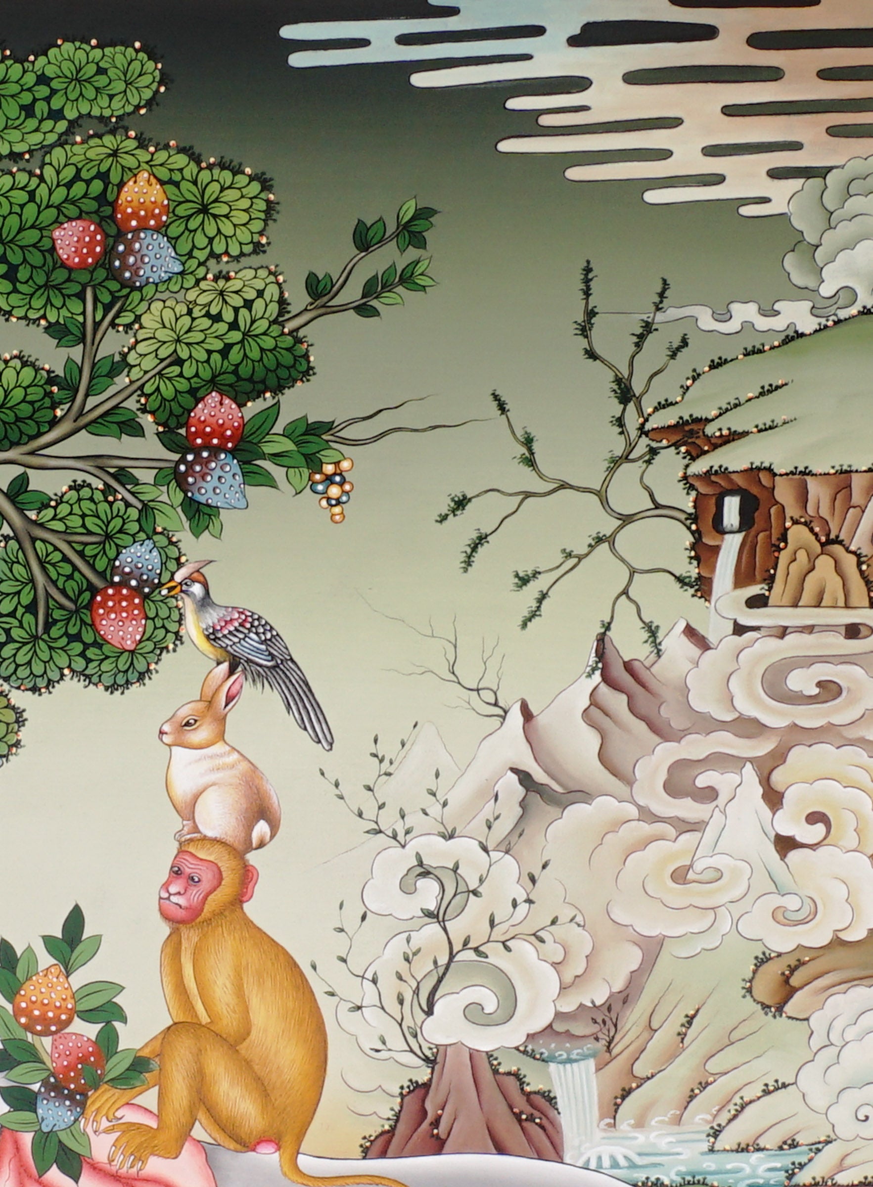 Four Harmonious Friends thangka painting showing an elephant, monkey, rabbit and bird working together beneath a fruit tree in a peaceful Himalayan landscape, symbolising harmony, cooperation