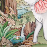 Four Harmonious Friends thangka painting showing an elephant, monkey, rabbit and bird working together beneath a fruit tree in a peaceful Himalayan landscape, symbolising harmony, cooperation