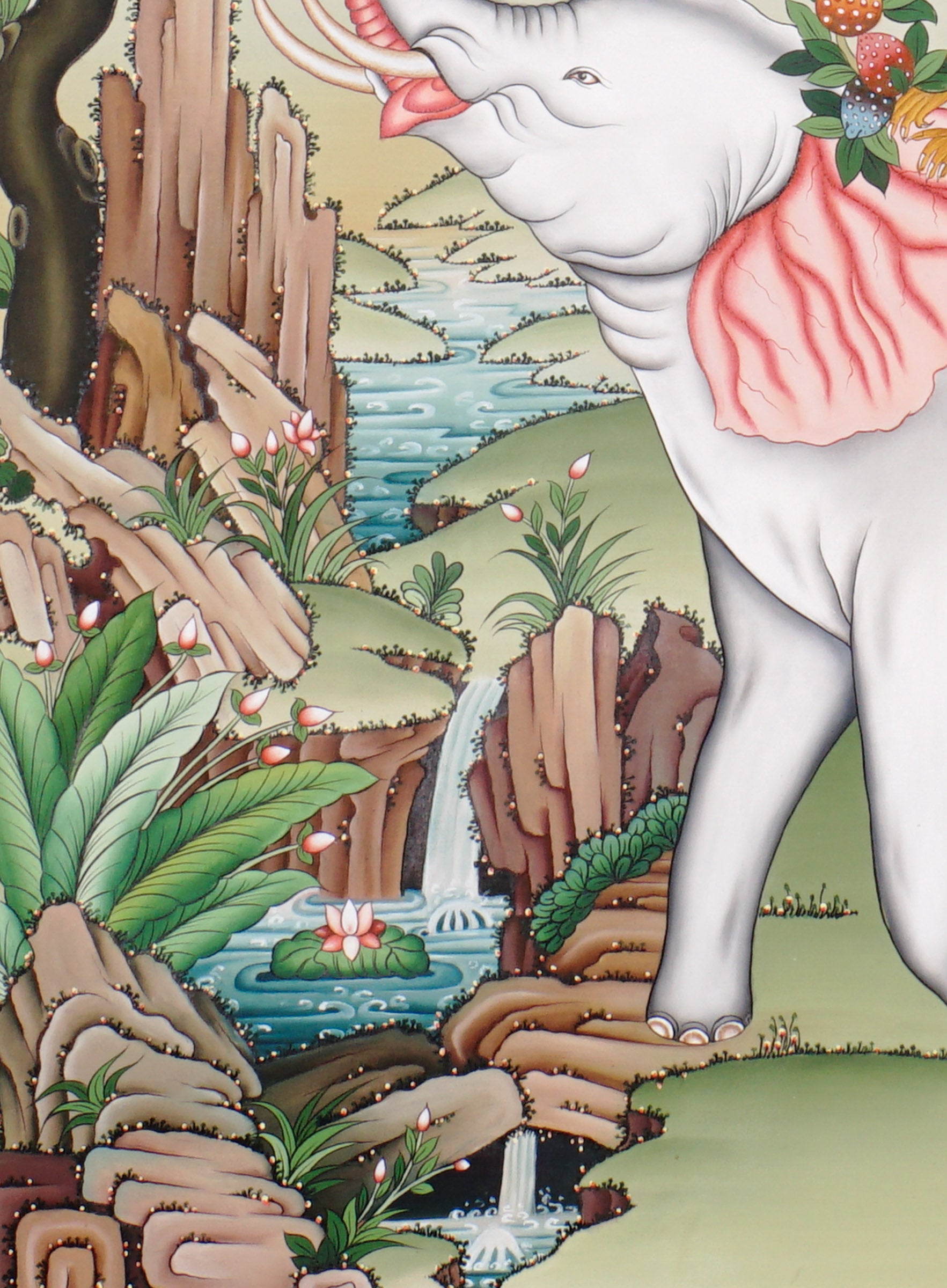 Four Harmonious Friends thangka painting showing an elephant, monkey, rabbit and bird working together beneath a fruit tree in a peaceful Himalayan landscape, symbolising harmony, cooperation